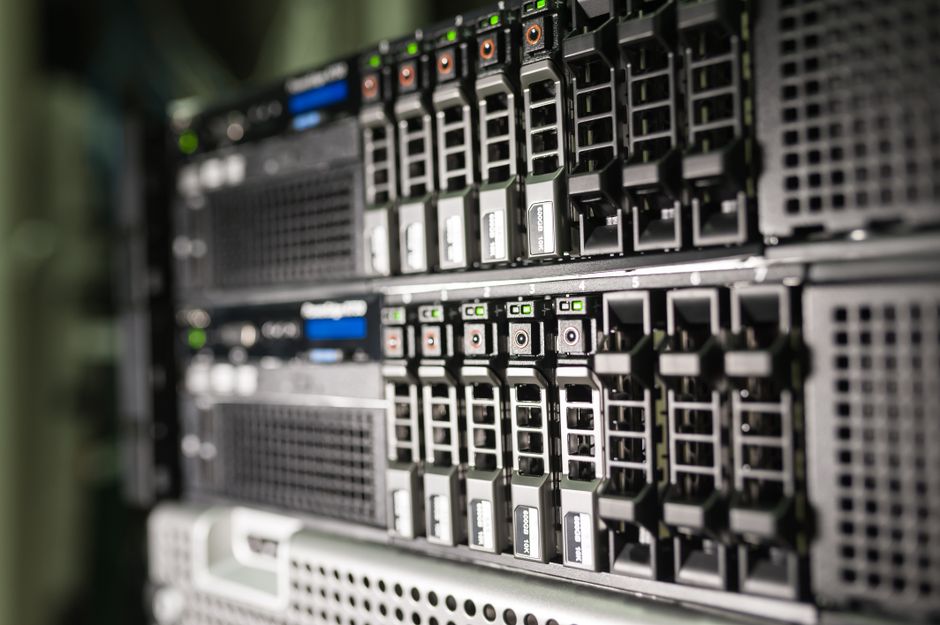 Close-up of server equipment in a modern data center highlighting technology infrastructure.